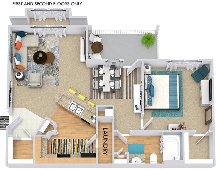 Floor plan for 1 bed, 1 bath, 795 sqft